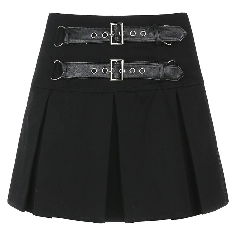 Sexy gothic black mini skirt with pleats and rivets, featuring stylish buckles for a fierce rock-inspired look.