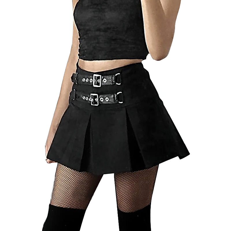 Gothic black mini skirt with pleats and rivet details, perfect for a rock-inspired outfit.