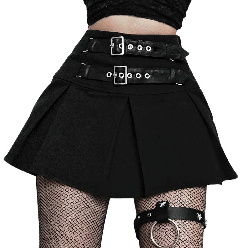 Sexy Gothic Black Mini Skirt /  Women's Pleated High Waist Skirt with Rivets - HARD'N'HEAVY