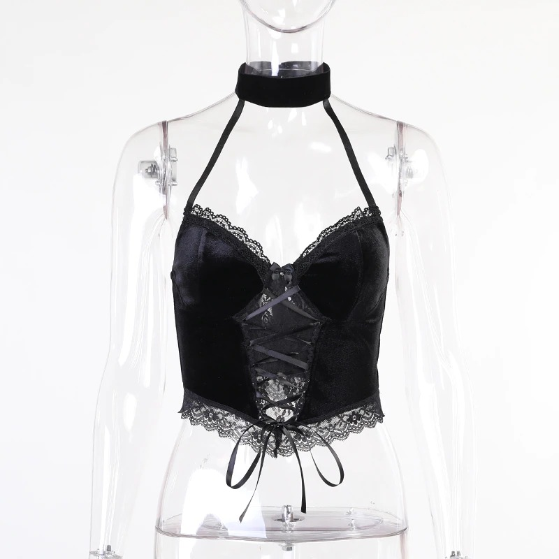 Sexy Gothic black corset crop top with lace details, perfect for cosplay and Gothic-themed events.