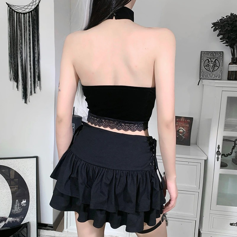Back view of a stylish black vintage crop corset with lace, perfect for Gothic cosplay outfits.