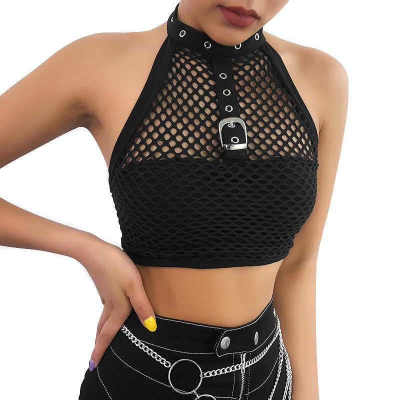 PU Leather Sexy Tank Tops Women Sleeveless Halter Hollow Out Bandage Crop  Tops Summer Goth Punk