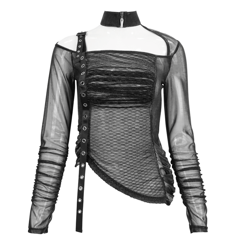 Sexy Gothic Cut Out Transparent Top / Fashion Black Top with Eyelet Webbing on One Shoulder