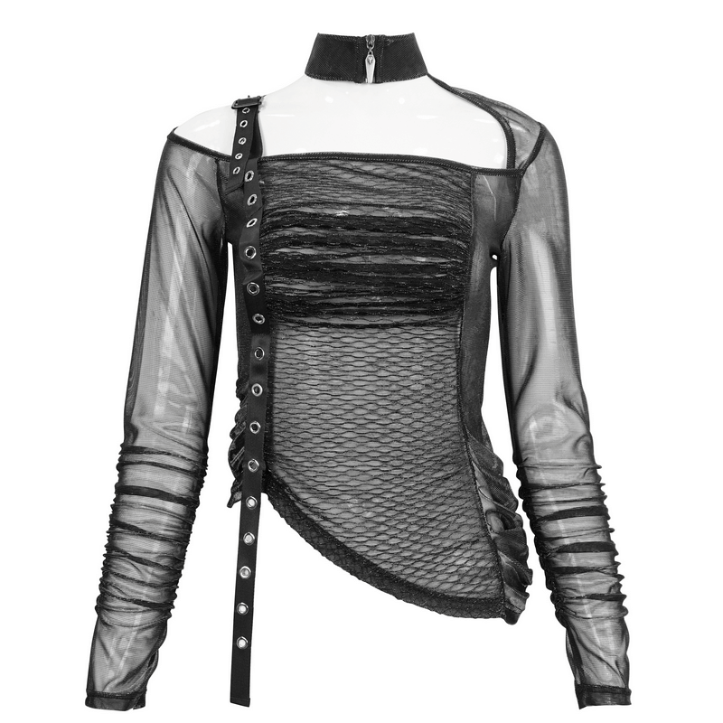 Stylish black gothic top with one-shoulder cut and eyelet webbing for a sexy, modern look.