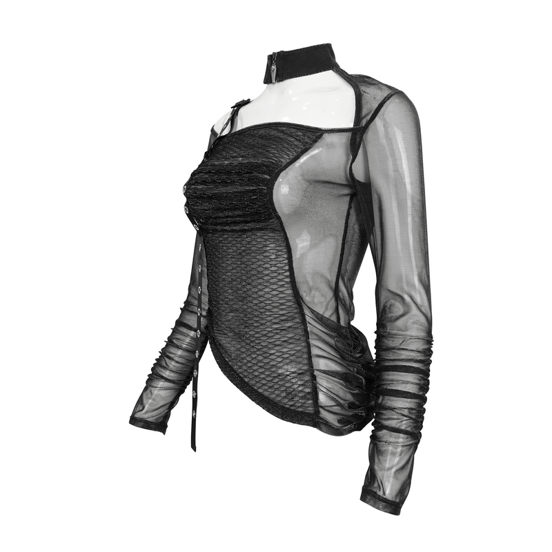 Sexy Gothic Cut Out Transparent Top / Fashion Black Top with Eyelet Webbing on One Shoulder
