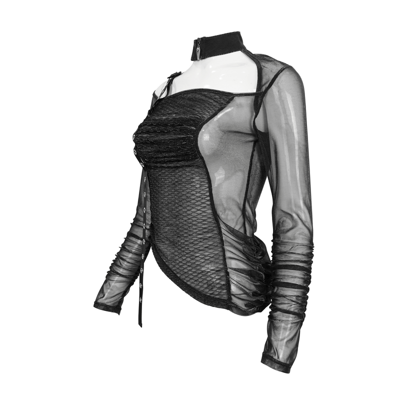 Sexy black gothic cut out top with transparent mesh and eyelet webbing, perfect for a stylish gothic outfit.