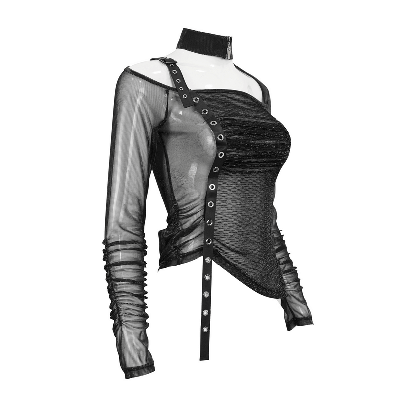 Sexy black gothic top featuring sheer cut-out design and eyelet webbing, perfect for a stylish wardrobe upgrade.