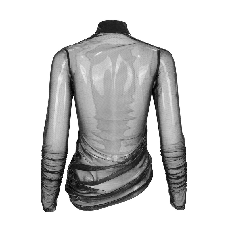 Back view of a sheer black gothic top with elegant ruched sleeves and modern design.