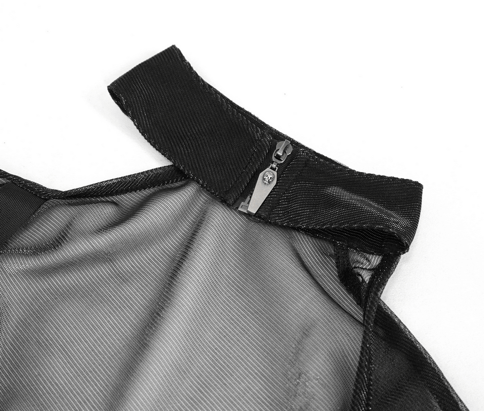 Close-up of the neckline and zipper of a sexy gothic black top with transparent design.