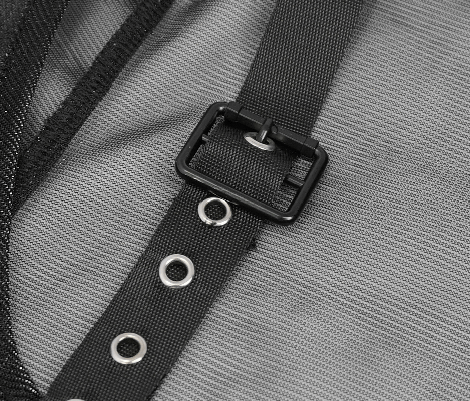 Close-up detail of black eyelet webbing with buckle on sexy gothic top, featuring modern and stylish design.
