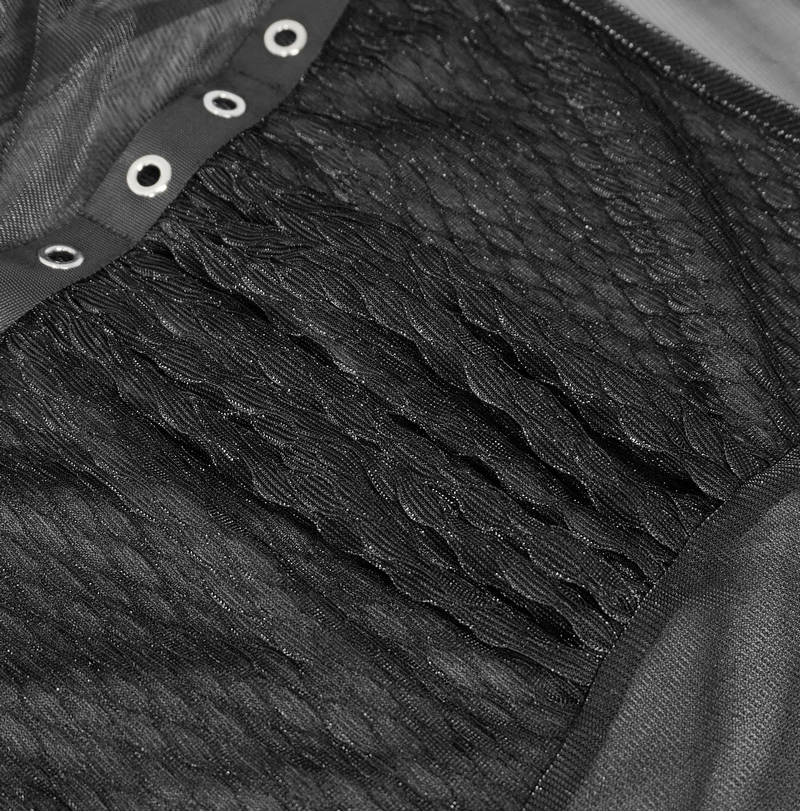 Close-up of black gothic top featuring eyelet webbing and textured fabric for stylish gothic fashion.