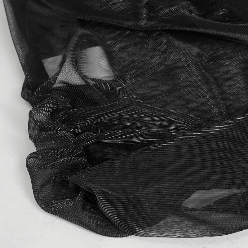 Close-up of black sheer fabric with gathered texture, perfect for gothic fashion tops.