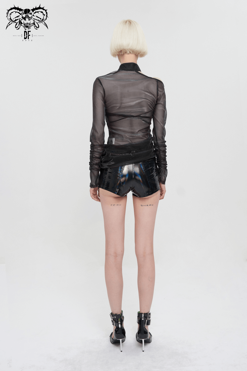 Back view of a model in a sexy gothic black transparent top with one shoulder and shiny shorts.