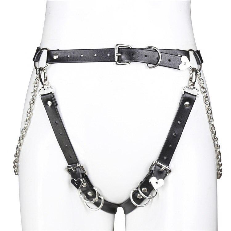 Gothic waist belt with chains and heart accents, perfect for body harness fashion and edgy style.