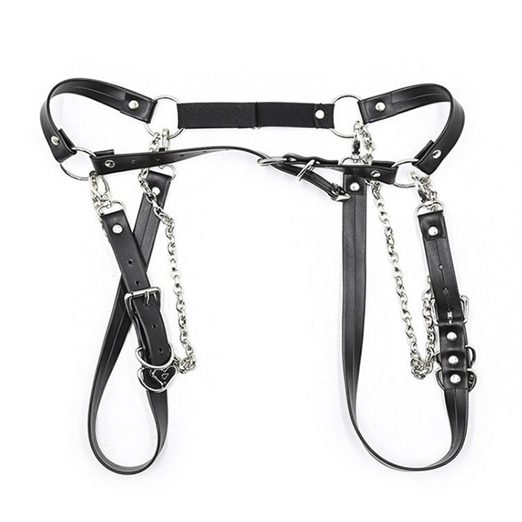 Sleek black synthetic leather body harness with chains and straps, perfect for gothic and pastel goth styles.