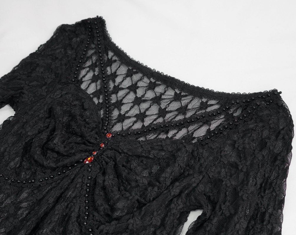 Sexy gothic lace top with red crystals, perfect for punk fashion lovers, featuring long sleeves and a transparent design.