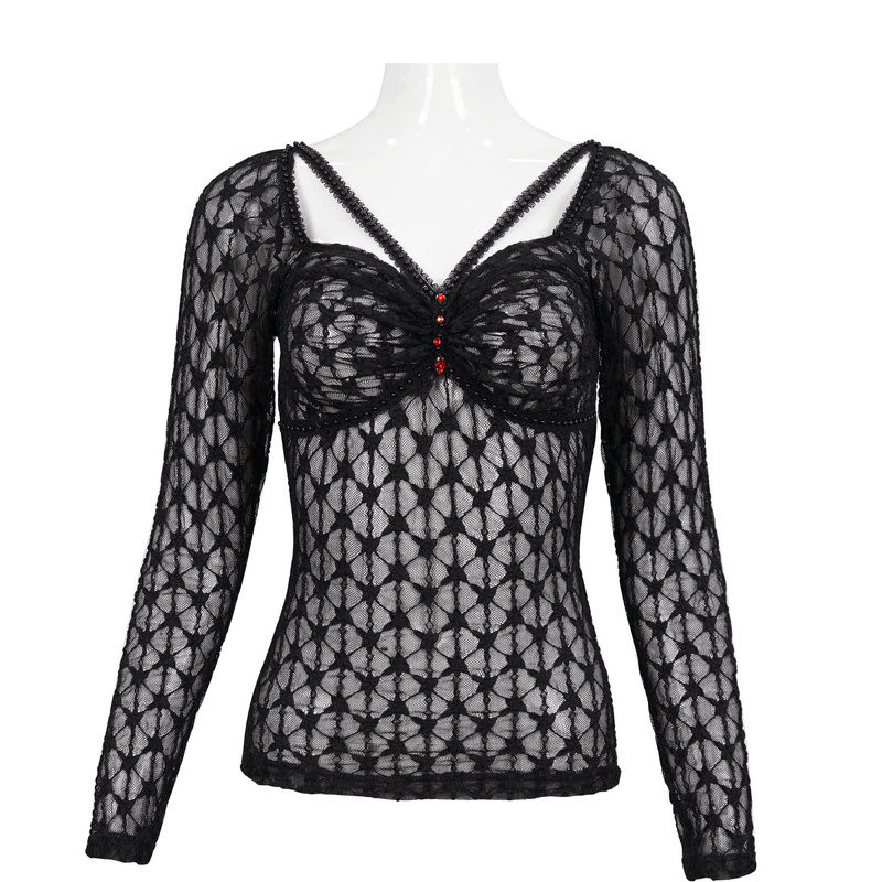 Sexy gothic lace transparent top with red crystals, perfect for a punk fashion wardrobe.
