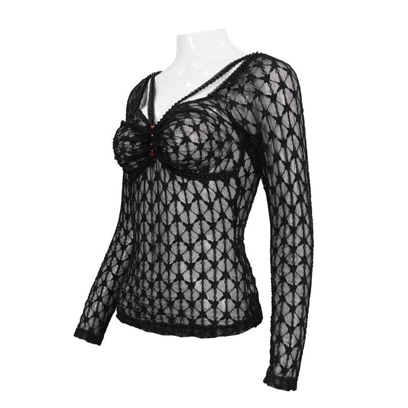 Sexy Gothic Lace Transparent Top with Red Grystals / Punk Black Long Sleeves Top for Women