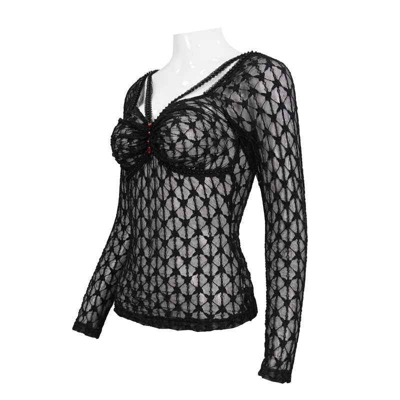 Sexy black gothic lace transparent top with red crystals, long sleeves for women, perfect for punk fashion.