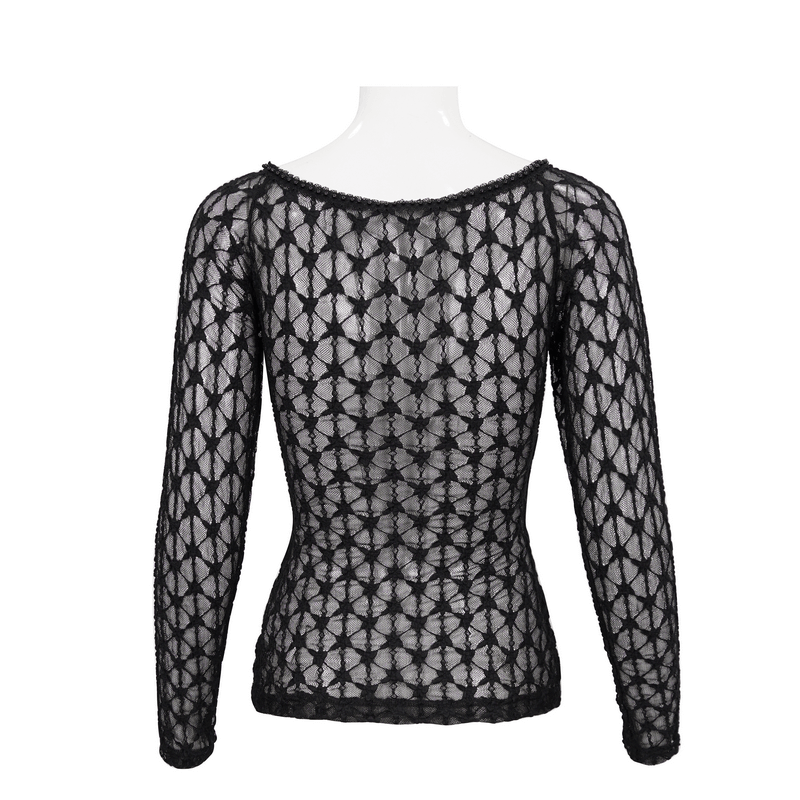 Back view of a sexy gothic lace transparent top with intricate patterns and long sleeves.