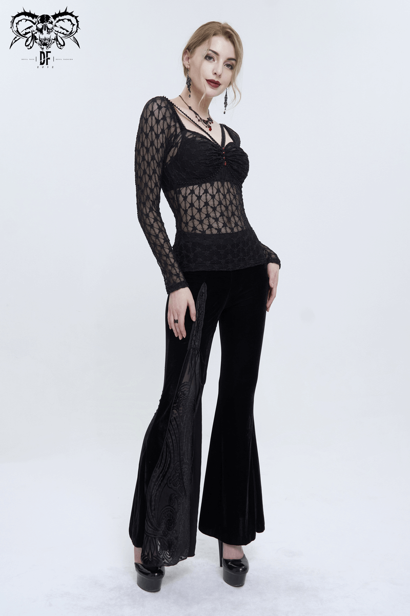 Sexy gothic lace transparent top with red crystals, paired with black flared pants for a trendy punk look.