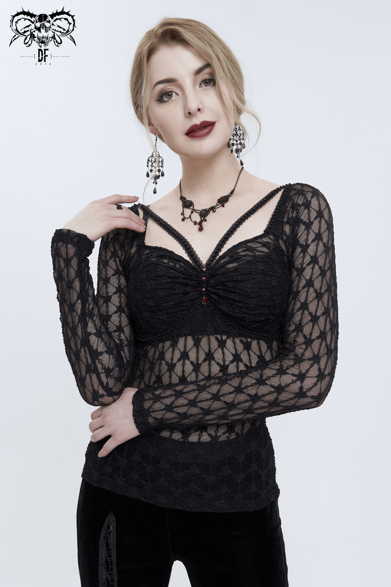 Women’s gothic lace transparent top with red crystals, stylish long sleeves and a chic design.