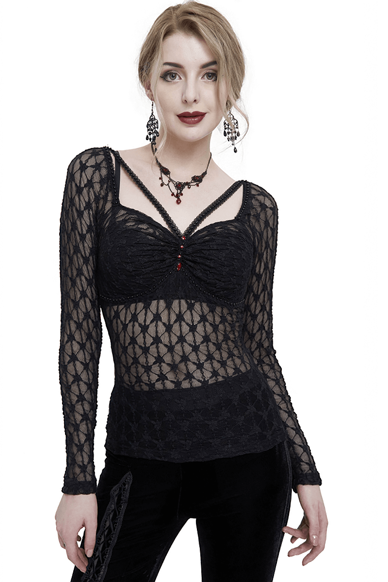 Women's sexy gothic lace top with red crystals, long sleeves, perfect for trendy gothic fashion.
