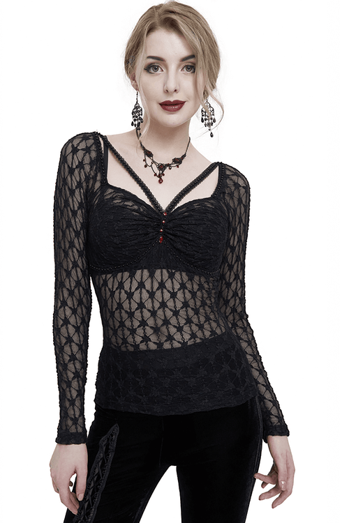 Sexy Gothic-Spitzen-Transparent-Top mit roten Kristallen / Punk-Schwarzes Langarm-Top für Frauen