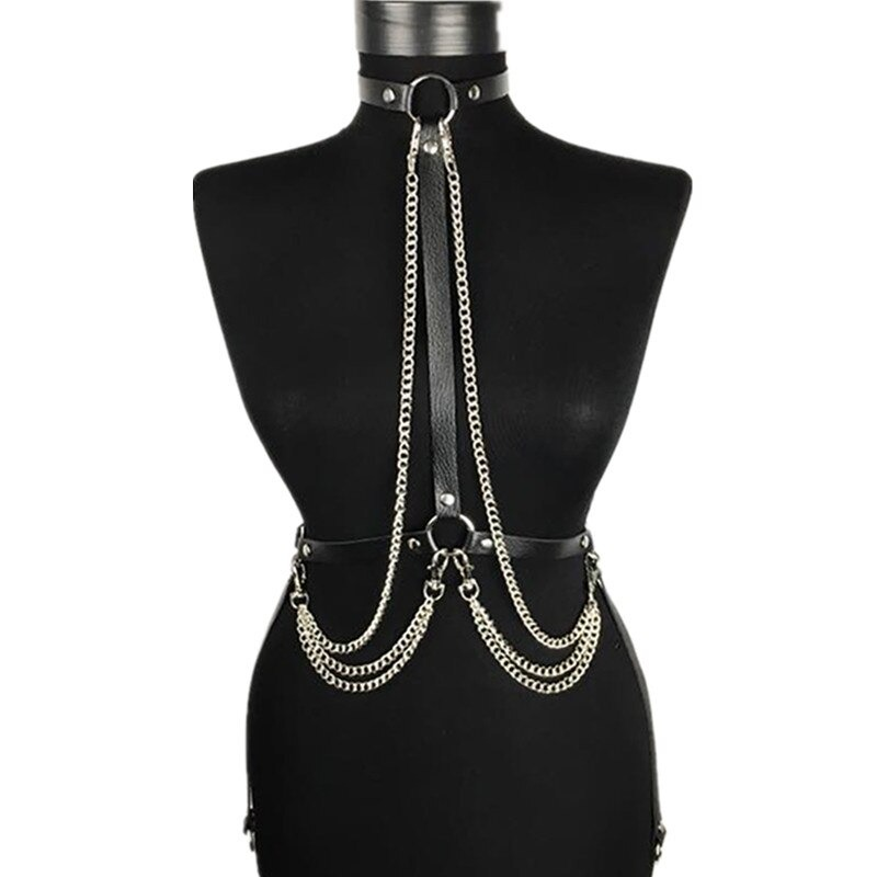 Sexy gothic leather body harness with silver chains, perfect for enhancing your style and figure.