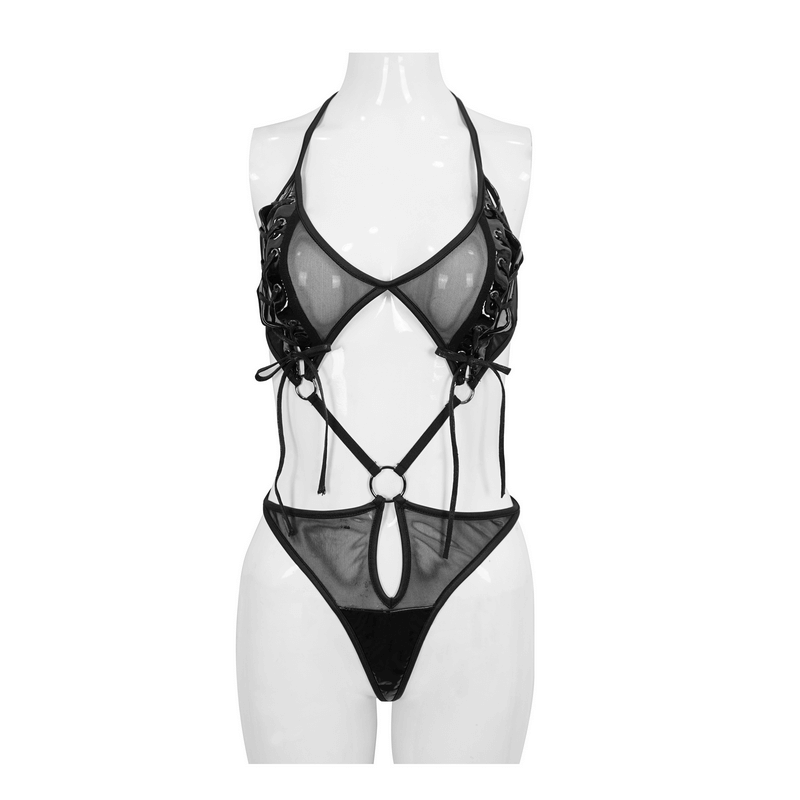 Sexy gothic semi-transparent bodysuit with lace-up details and cut-out design for women's erotic lingerie.