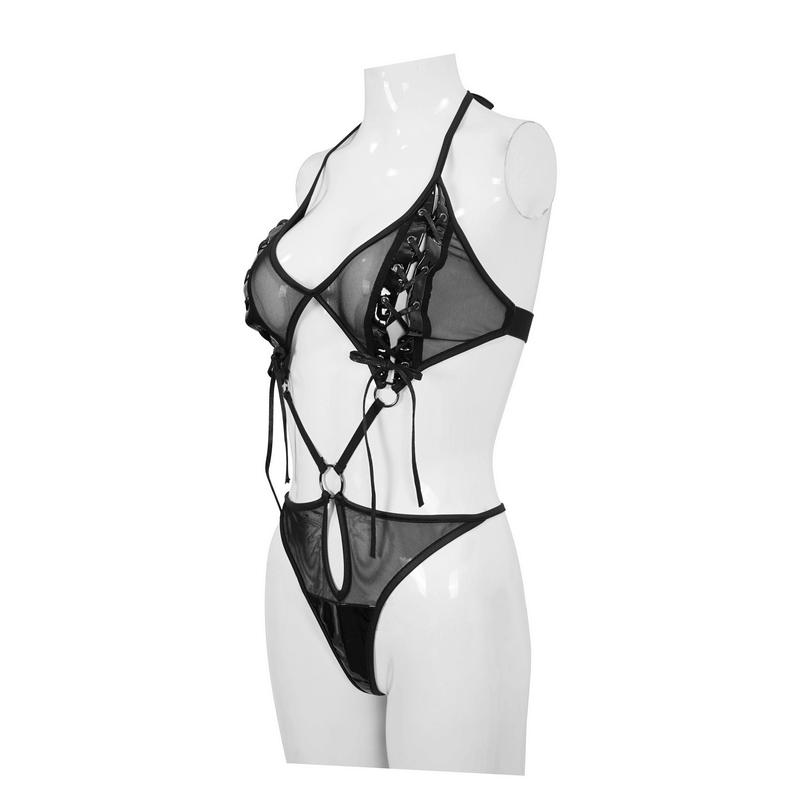 Gothic sexy semi-transparent black bodysuit with lace-up details for women, perfect for a seductive lingerie collection.