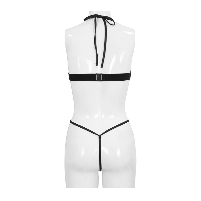 Back view of a black semi-transparent bodysuit with lace-up design, perfect for gothic lingerie lovers.