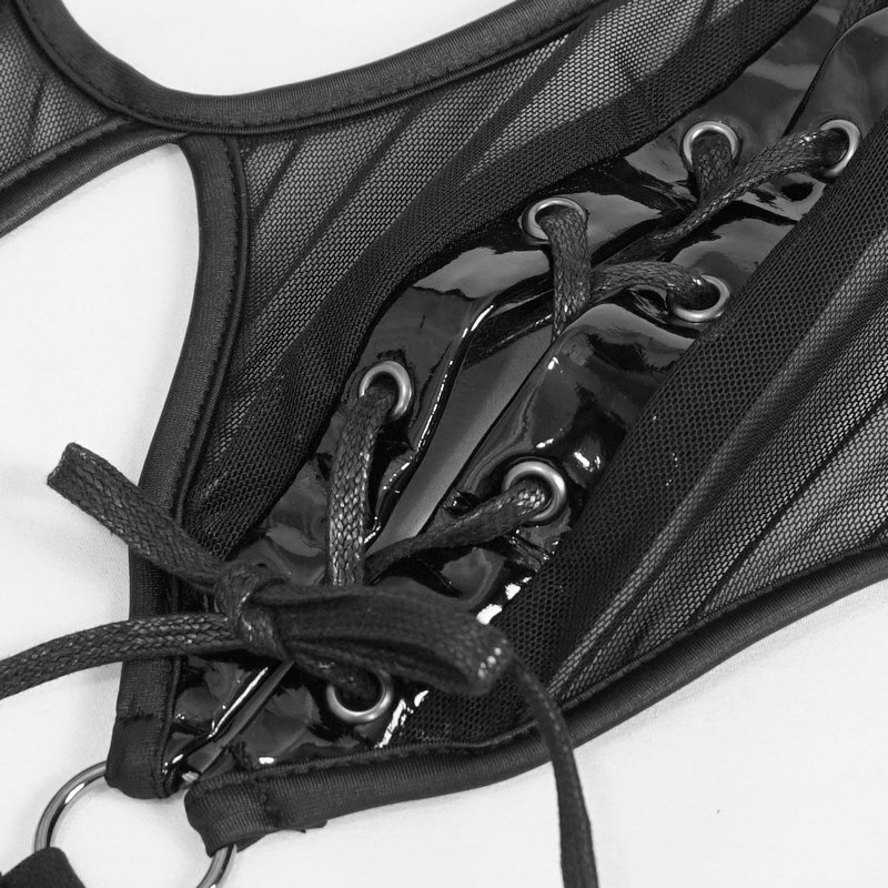 Close-up of a sexy gothic semi-transparent bodysuit featuring lace-up details and glossy inserts.