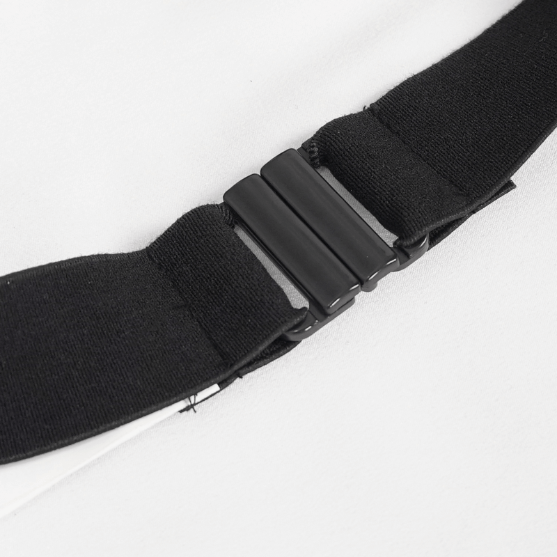 Close-up of a black adjustable strap with a secure buckle for added comfort and style.