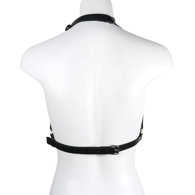 Back view of a sexy black leather suspender belt bra with silver fittings and adjustable straps.