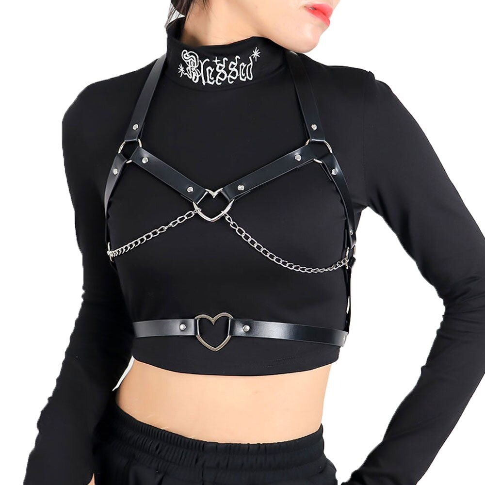 Sexy gothic suspender belt bra with chains and heart connectors for a trendy bondage look.