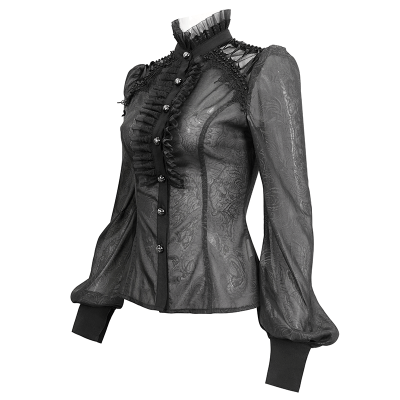 Women's sexy gothic long sleeve black blouse with ruffles and stand collar for elegant looks.