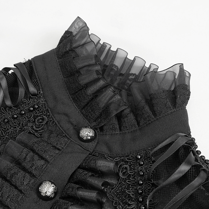 Close-up of a sexy gothic black blouse with ruffled collar and intricate detailing, perfect for stylish women.
