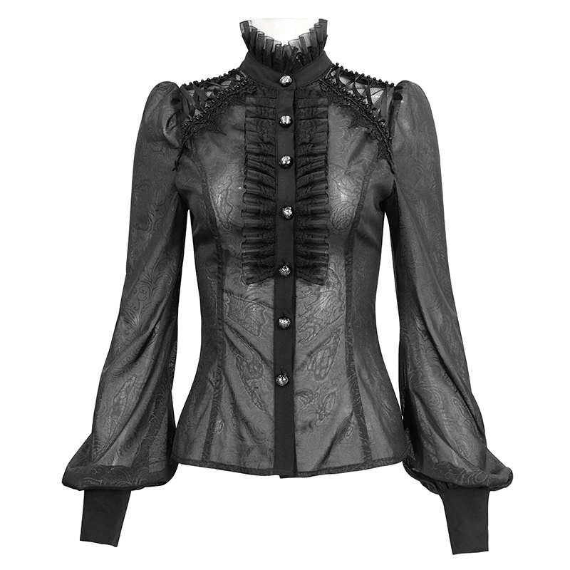 Sexy Gothic Transparent Long Sleeves Blouse For Women / Black Strappy Stand Collar Ruffled Shirt