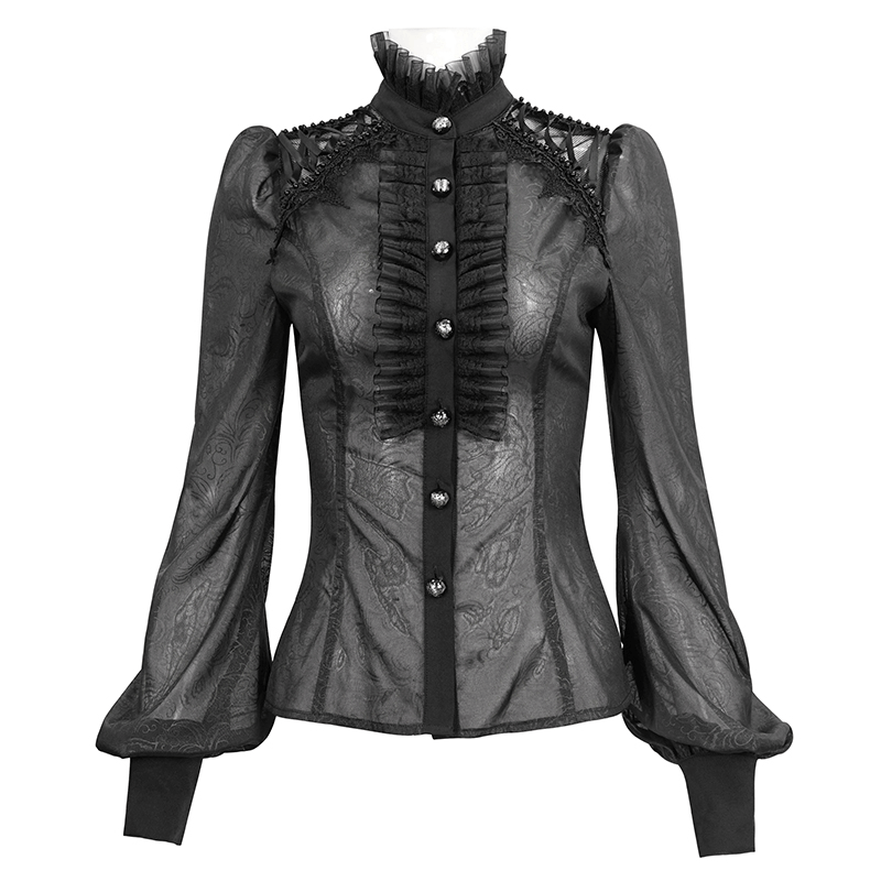 Elegant women's black gothic blouse with long ruffled sleeves and stand collar, perfect for a trendy and edgy look.