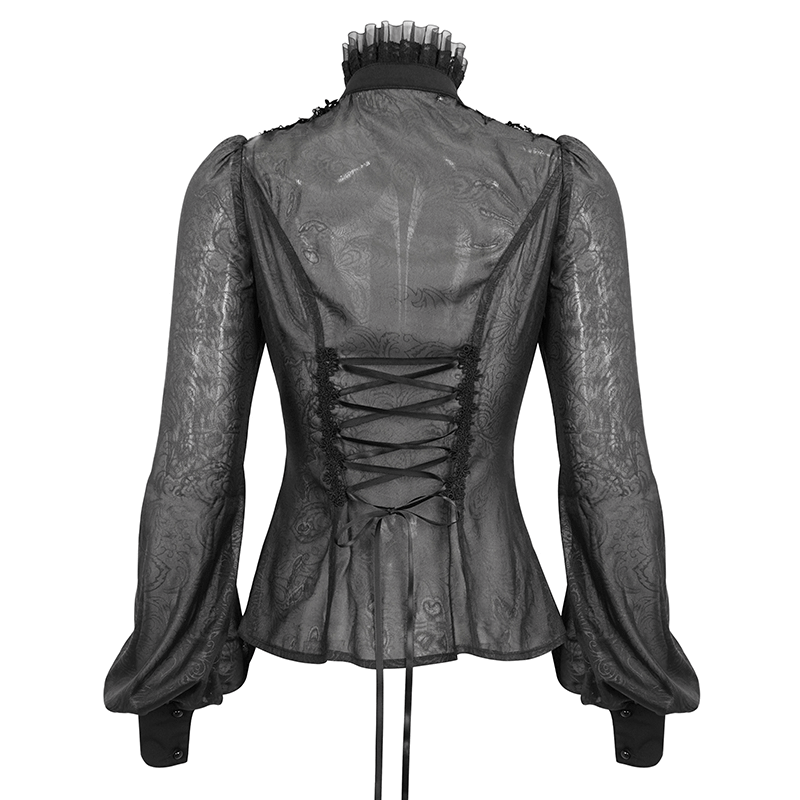 Sexy Gothic Transparent Long Sleeves Blouse For Women / Black Strappy Stand Collar Ruffled Shirt