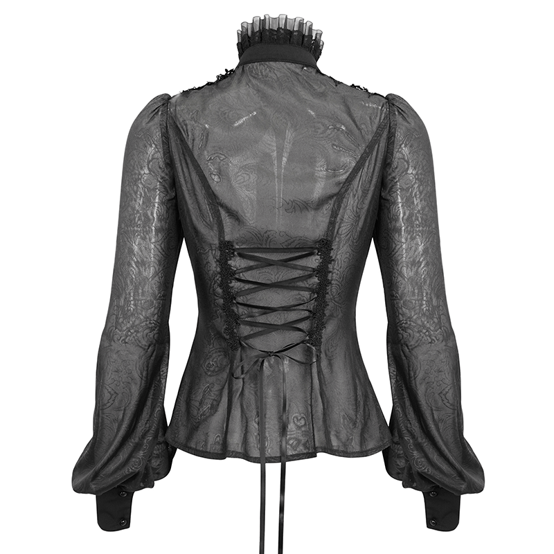 Back view of a sexy gothic women's black ruffled long sleeve blouse with elegant lacing and stand collar.
