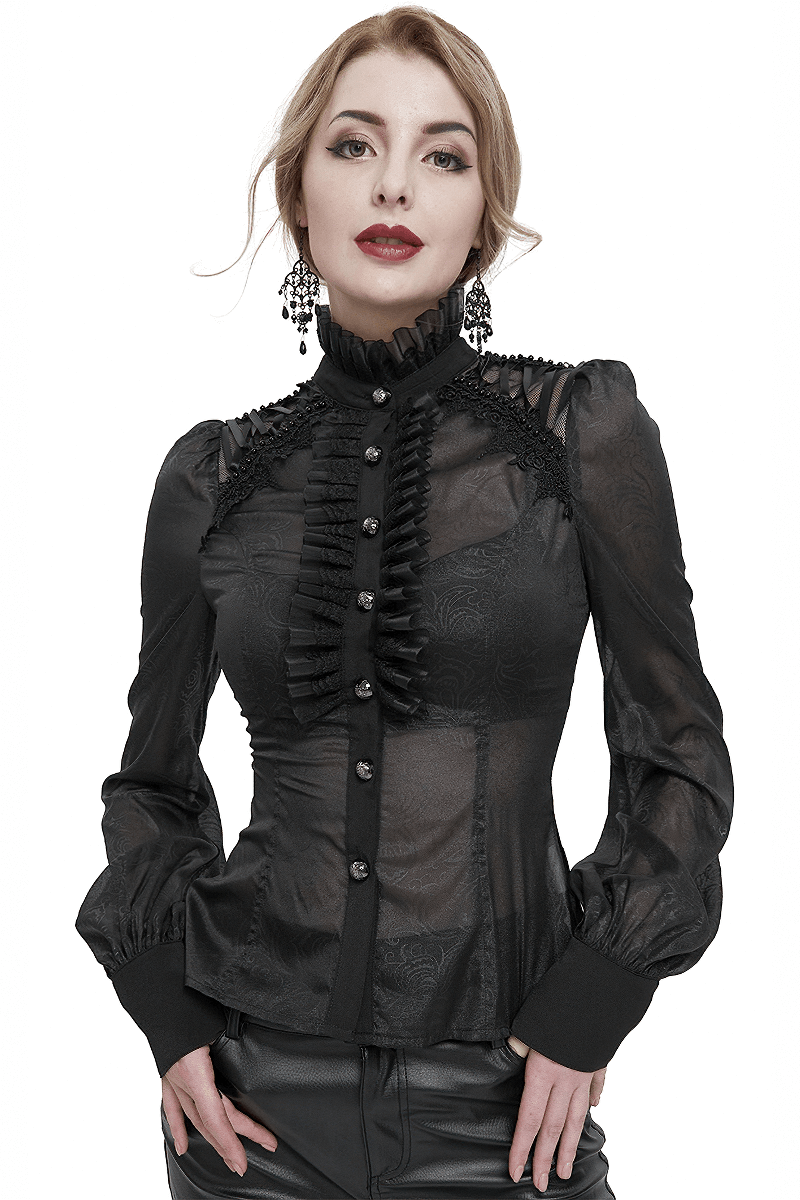 Sexy Gothic Transparent Long Sleeves Blouse For Women / Black Strappy Stand Collar Ruffled Shirt