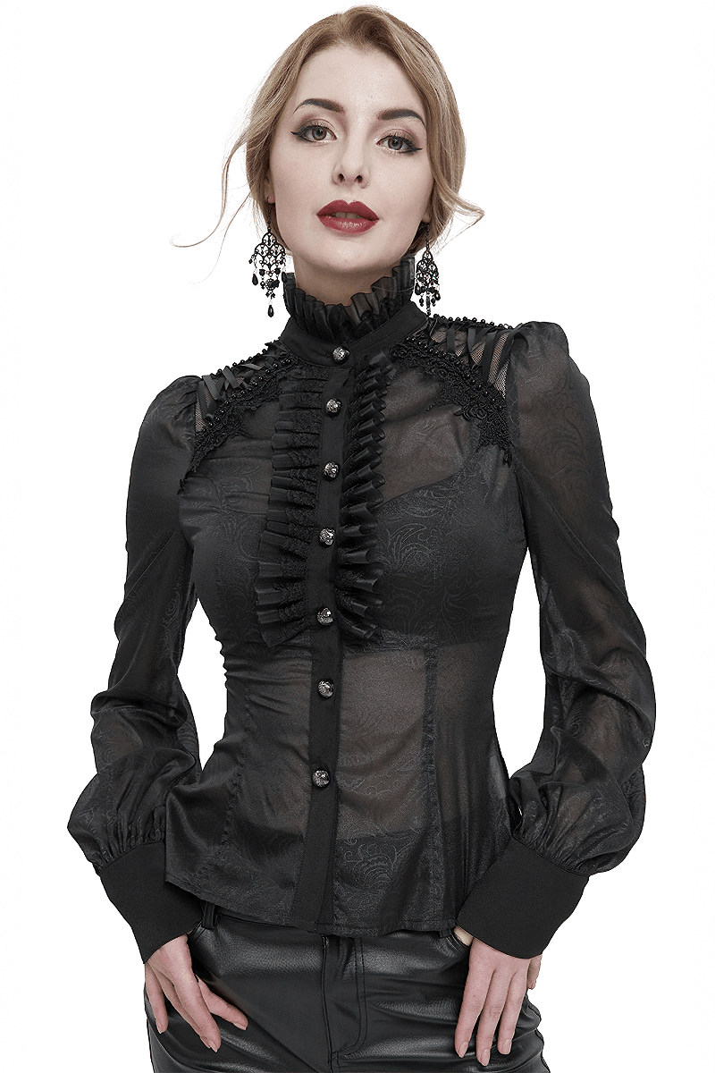 Elegant black gothic long sleeve ruffled blouse for women, featuring a strappy stand collar.