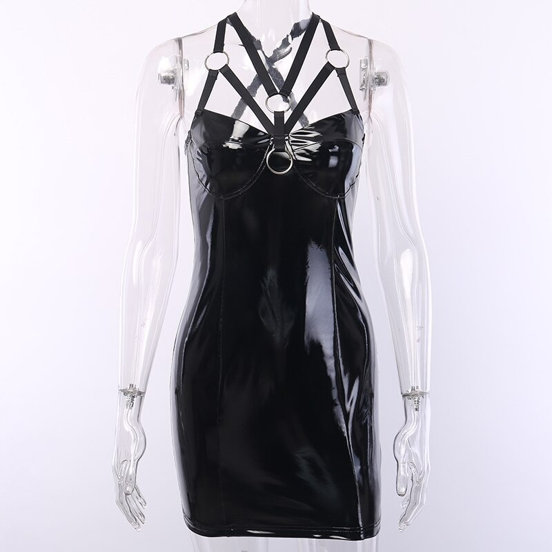 Sexy Gothic Women's Bodycon Mini Dress of Leather / Vintage Black Dress with high waist - HARD'N'HEAVY