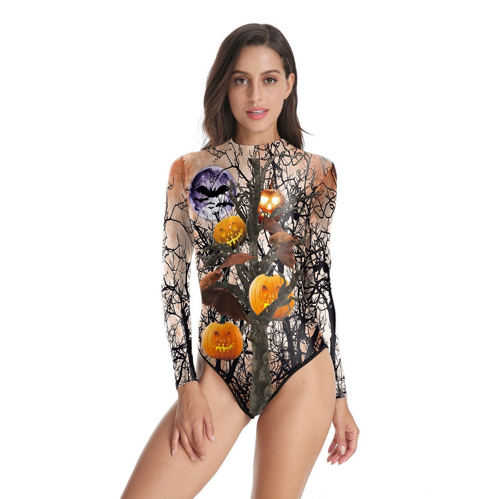 Stylish women's long sleeve Halloween swimsuit with colorful pumpkin and bat print, perfect for alternative Halloween fashion.