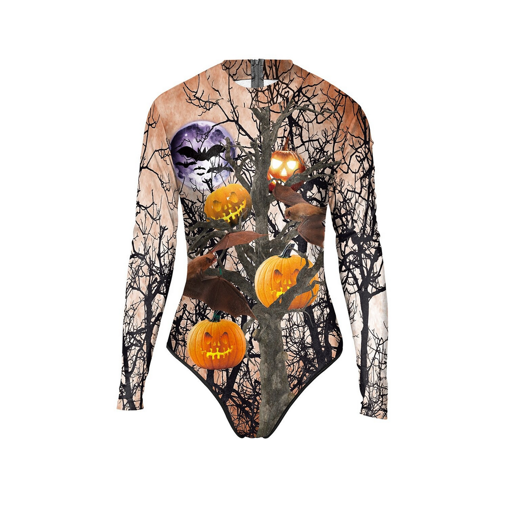 Halloween long sleeve one piece swimsuit with colorful pumpkin and bat print for women, perfect for spooky season.
