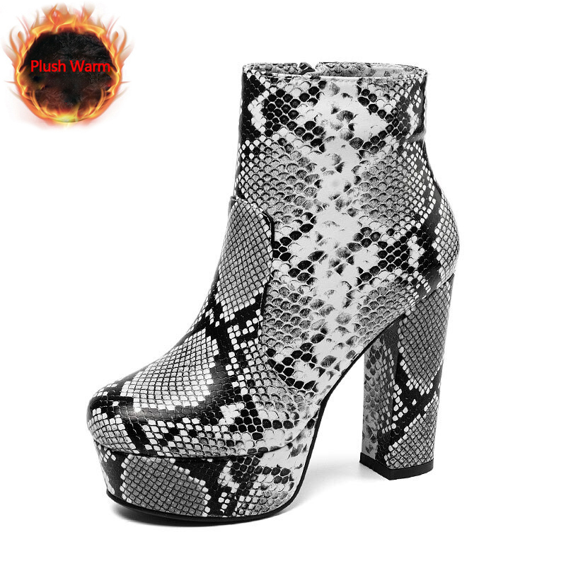 Sexy women's high heel ankle boots in black and white snakeskin print with platform, stylish PU leather footwear.