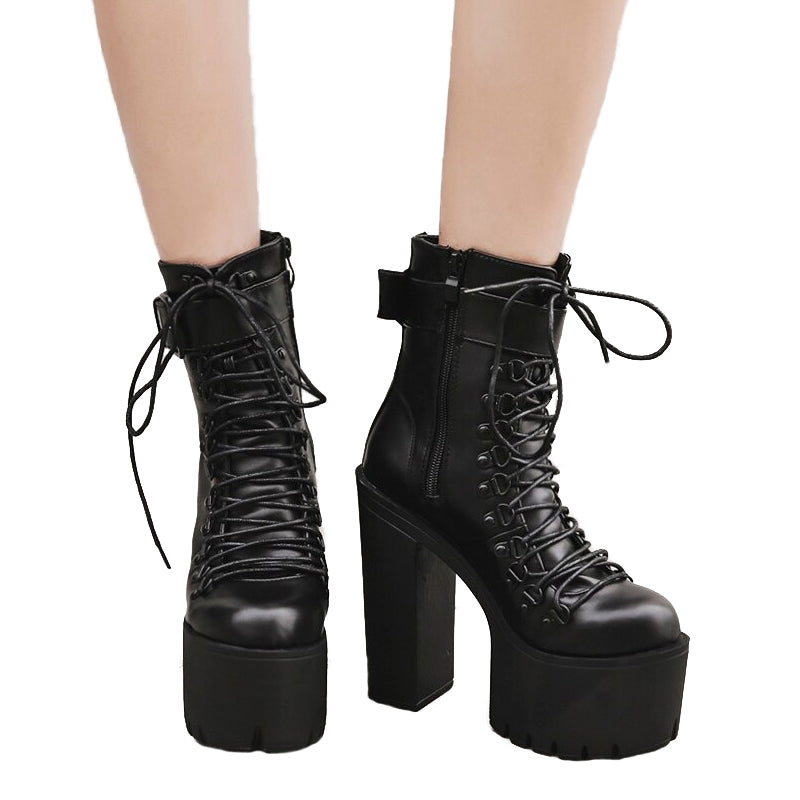 Stylish women's black platform ankle boots with laces and square heels, perfect for rocker outfits and all weather conditions.