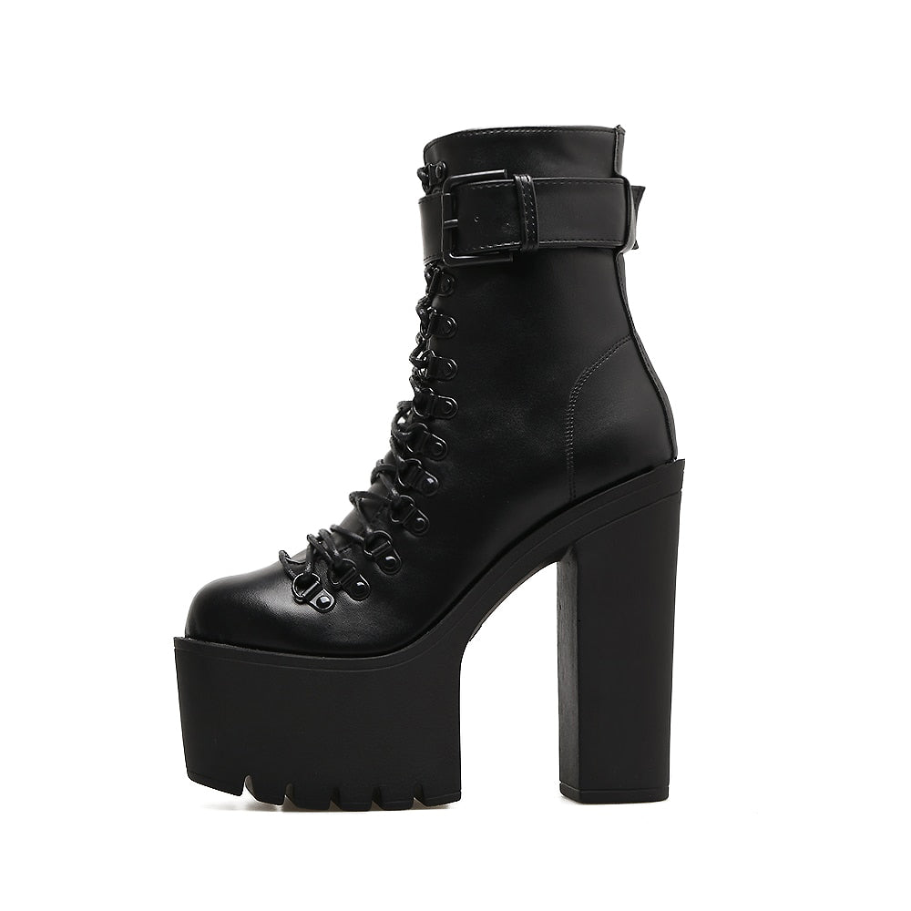 Stylish black platform ankle boots with laces, buckle, and a high square heel perfect for rocker outfits.